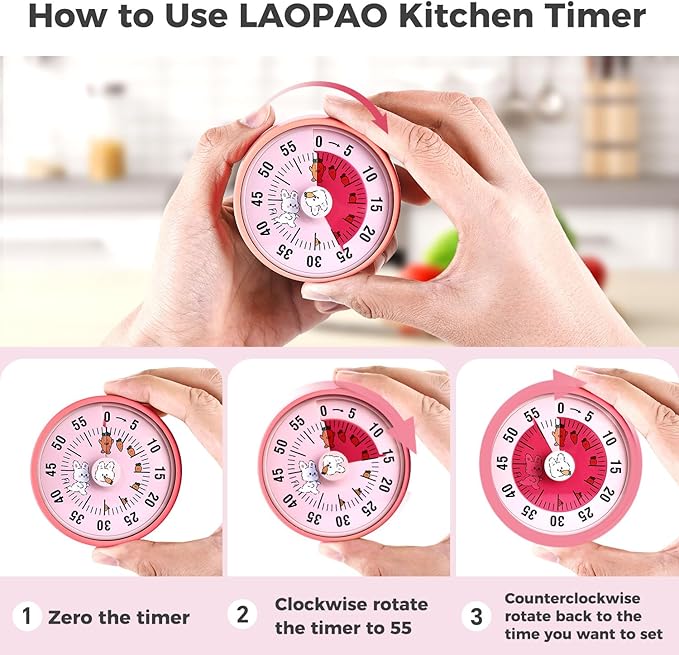 Kitchen Timer, Kitchen Countdown Cooking Reminder No Battery Required Magnetic Time Management Timer, Pink