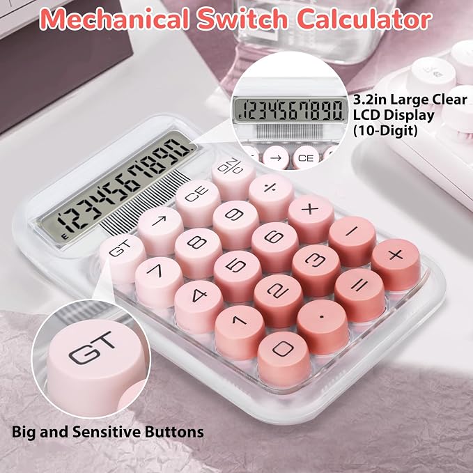 Cute Calculator, Mechanical Switch Calculator, Calculators Desktop | 10 Digits, Desk Calculators with Big Buttons and LCD Display, Battery Power,Ideal for School Home Office Basic(Pink)