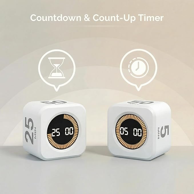 2 Pack - KADAMS Pomodoro Cube Timer Productivity Visual Timer - 5/10/25/50 Min Rotating Countdown (2, White)
