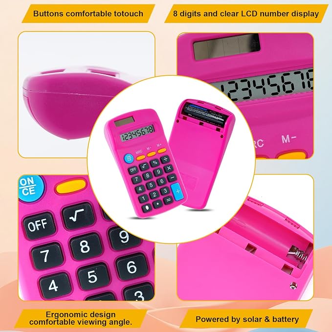 18 Pieces Pocket Calculators, Mini Calculators, Multicolor | 8 Digit Display Basic Calculator, Solar Battery Dual Power Function Calculator, for Students, Kids, Home and Office