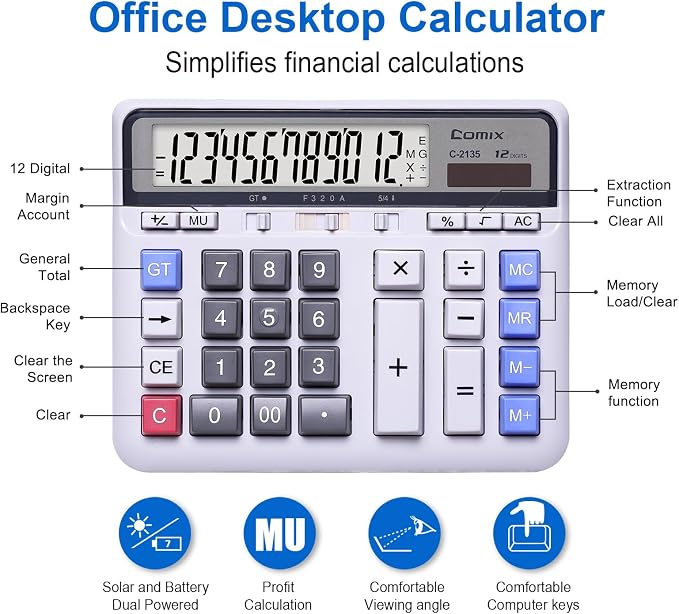 Comix Desktop Calculator, 12 Digits Large Button Desk Calculator, White | Solar Battery Dual Power, Large LCD Display, Computer Keys, 4 Function Basic Calculator for Office Business Home Use