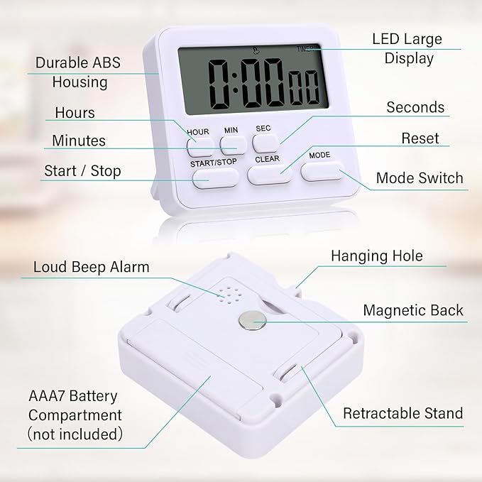Leumoi 6 Pcs Digital Kitchen Timer 24 Hour Clock and Alarm Function Timer On/Off Switch Minute Second Count up Countdown Loud Alarm for Exercise Cook Baking(Black and White)