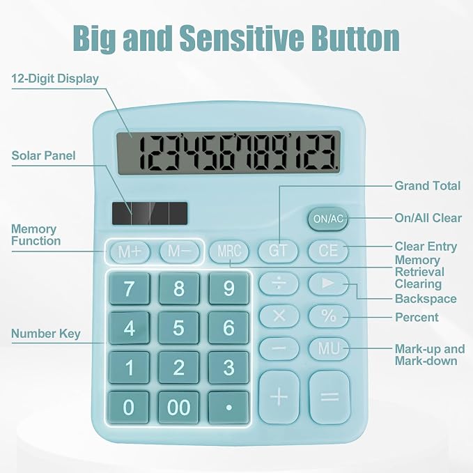 Desktop Calculator, Light Blue Calculator Big Buttons, 12-Digits | Large LCD Display, Solar and AA Battery Dual Power, Desk Calculators for Office Home School Business Class (Light Blue)