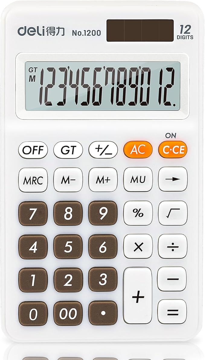 Deli Standard Function Basic Calculator, 12 Digit Desktop Calculator with Large LCD Display, Solar Battery Dual Power Office Calculators, White