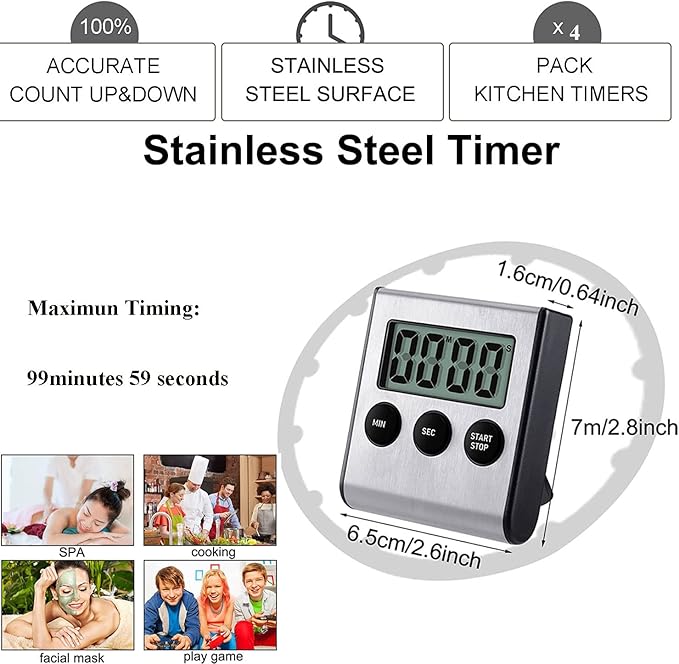 4 Pack Digital Kitchen Timer Magnet, Stainless Steel Cooking Timers with Alarm. Magnetic Countdown Timer for Kitchen Cooking, Baking,Sports Games (AAA Battery Included)