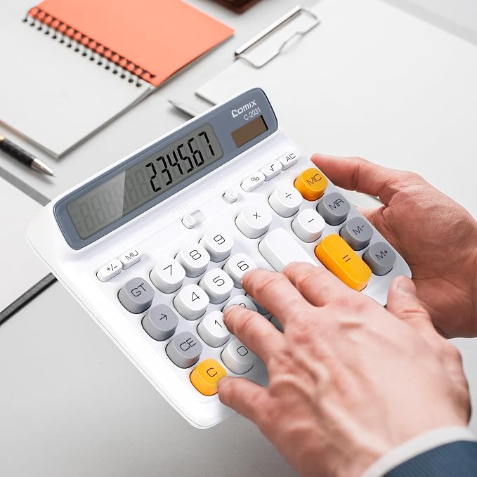 Comix Desktop Calculator, 12 Digits Large Button Desk Calculator, White | Solar Battery Dual Power, Large LCD Display, Computer Keys, 4 Function Basic Calculator for Office Business Home Use