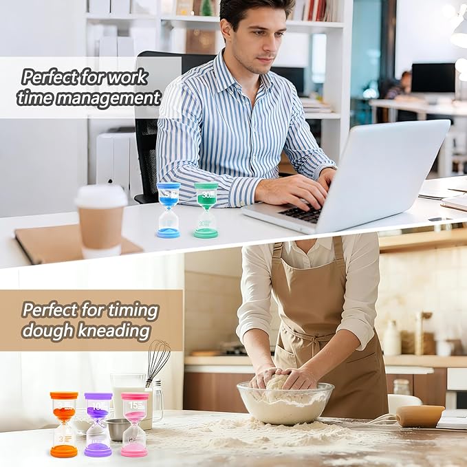 Sand Timer Set 3/5/10/15/30 Minutes with Inspirational Sticker Sheet, Colorful Decorative Hourglass for Home Office Kitchen Time Management, Decorative Sand Clock