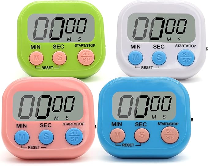 4 Pack Multi-Function Electronic Timer - Kitchen Timer,Magnetic Digital Timers,Big LCD Display, ON/Off Switch,Extensively Use in Cooking,Gym, Meeting, Classroom,Kitchen,Study,Work,Outdoor Activities