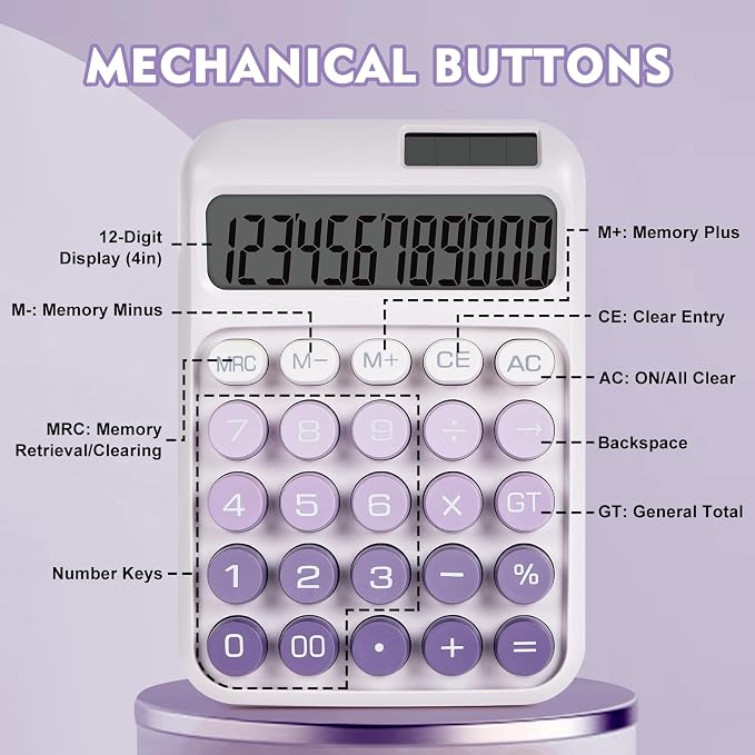 Mechanical Switch Calculator with Big Buttons, Calculators Desktop | 12 Digits, Solar Battery Power, Desk Calculator, Large LCD Display,Cute Purple Calculators for Teachers Students Basic Office