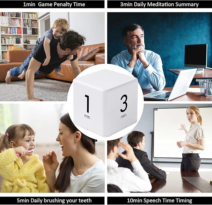Feilifan Cube Timer, Productivity Cube Rotating Timer for Kitchen Studying Workout Classroom Kids ADHD 1-3-5-10 Minute Preset, White