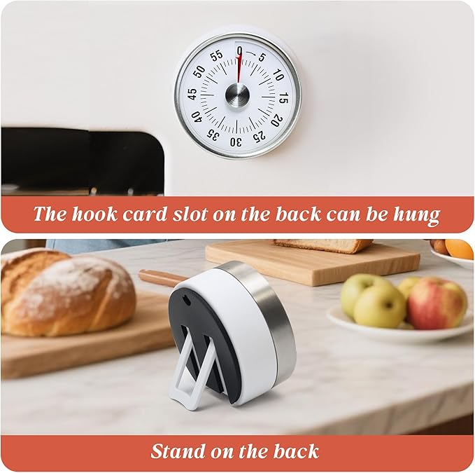 Kitchen Timer for Cooking,Chef Cooking Timer Clock,Visual Timers,60-Minute Countdown,Magnetic Base, Mechanical Clockwork,No Batteries Required,Ringer Alert,Timers for Kitchen/Study/Work/Gym,White
