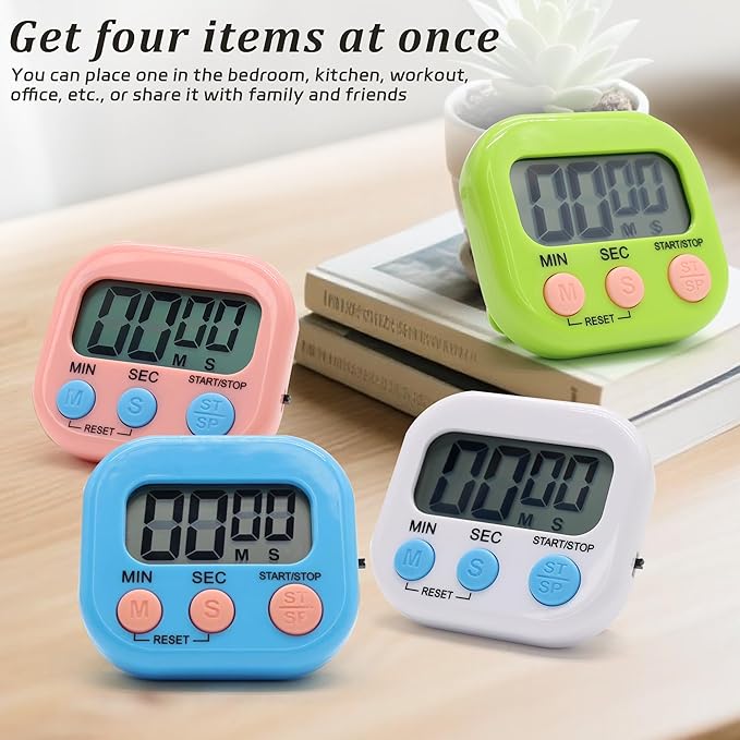 4 Pack Multi-Function Electronic Timer - Kitchen Timer,Magnetic Digital Timers,Big LCD Display, ON/Off Switch,Extensively Use in Cooking,Gym, Meeting, Classroom,Kitchen,Study,Work,Outdoor Activities