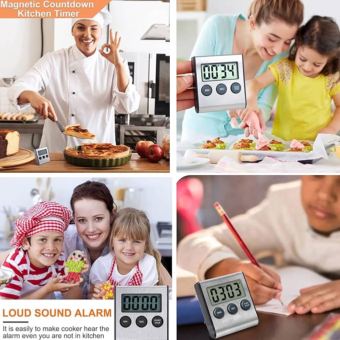 4 Pack Digital Kitchen Timer Magnet, Stainless Steel Cooking Timers with Alarm. Magnetic Countdown Timer for Kitchen Cooking, Baking,Sports Games (AAA Battery Included)