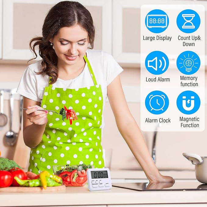 Leumoi 6 Pcs Digital Kitchen Timer 24 Hour Clock and Alarm Function Timer On/Off Switch Minute Second Count up Countdown Loud Alarm for Exercise Cook Baking(Black and White)