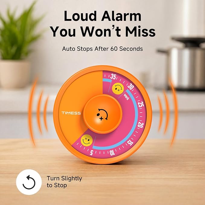 60-Minute Visual Timer, Twist to Set, Loud Battery-Powered Alarm, Bright Rotary Countdown Dial for Focus, Study, Classroom, Office & Home (Orange Smile)