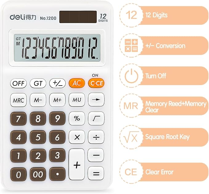 Deli Standard Function Basic Calculator, 12 Digit Desktop Calculator with Large LCD Display, Solar Battery Dual Power Office Calculators, White