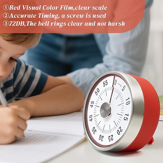 Kitchen Timer for Cooking,Chef Cooking Timer Clock,Visual Timers,60-Minute Countdown,Magnetic Base, Mechanical Clockwork,No Batteries Required,Ringer Alert,Timers for Kitchen/Study/Work/Gym,Red