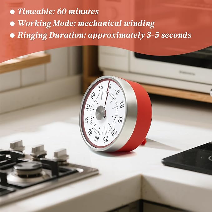 Kitchen Timer for Cooking,Chef Cooking Timer Clock,Visual Timers,60-Minute Countdown,Magnetic Base, Mechanical Clockwork,No Batteries Required,Ringer Alert,Timers for Kitchen/Study/Work/Gym,Red