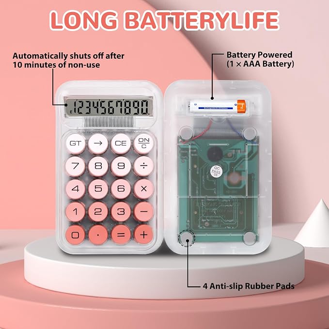 Cute Calculator, Mechanical Switch Calculator, Calculators Desktop | 10 Digits, Desk Calculators with Big Buttons and LCD Display, Battery Power,Ideal for School Home Office Basic(Pink)