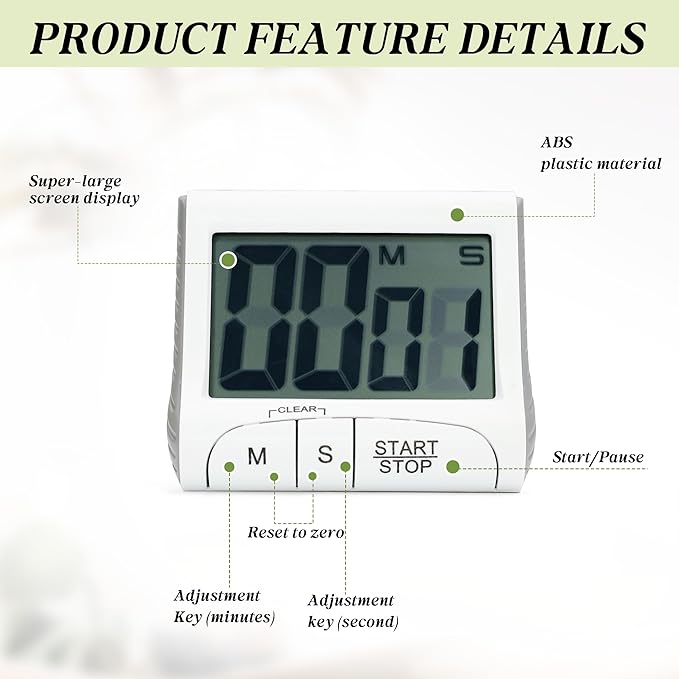 Large LCD Display Kitchen Timer -Magnetic Digital Timers,Loud Alarm,Memory and Fast Forward Function,Cooking Timers for Kitchen,Gym, Meeting, Classroom,Study,Work,Outdoor Activities(White)