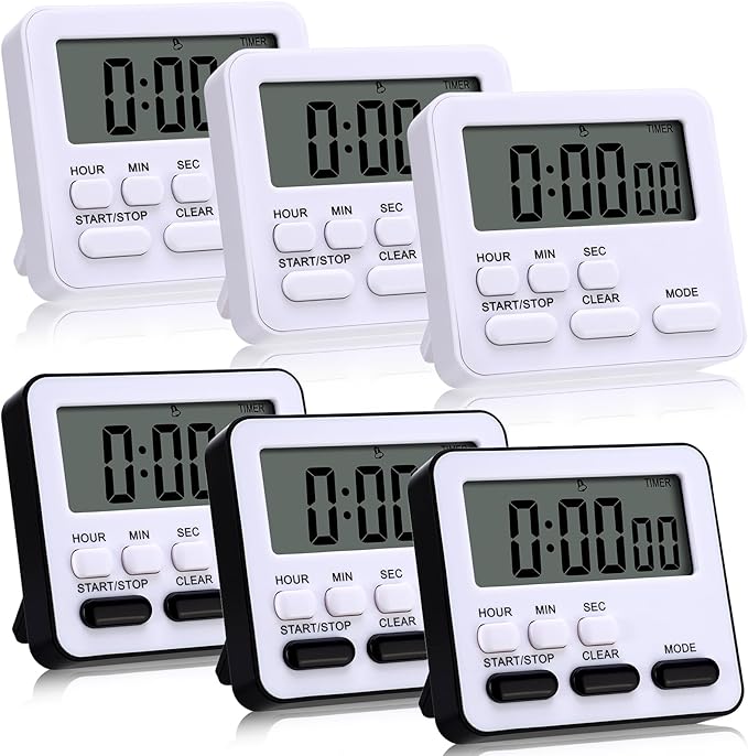 Leumoi 6 Pcs Digital Kitchen Timer 24 Hour Clock and Alarm Function Timer On/Off Switch Minute Second Count up Countdown Loud Alarm for Exercise Cook Baking(Black and White)