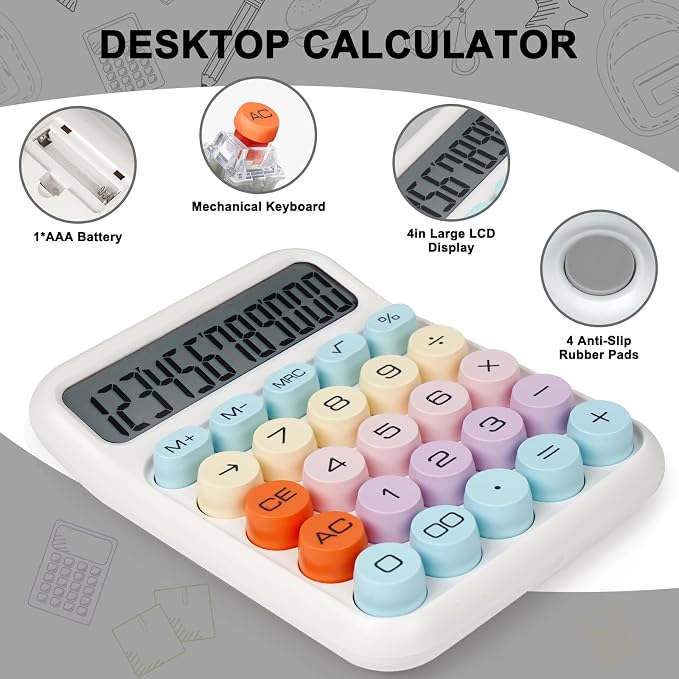 Mechanical Switch Calculator with Big Buttons, Calculators Desktop | 12 Digits, Large LCD Display, Desk Calculator, Cute White Calculators for Teachers Students Basic Office (White)