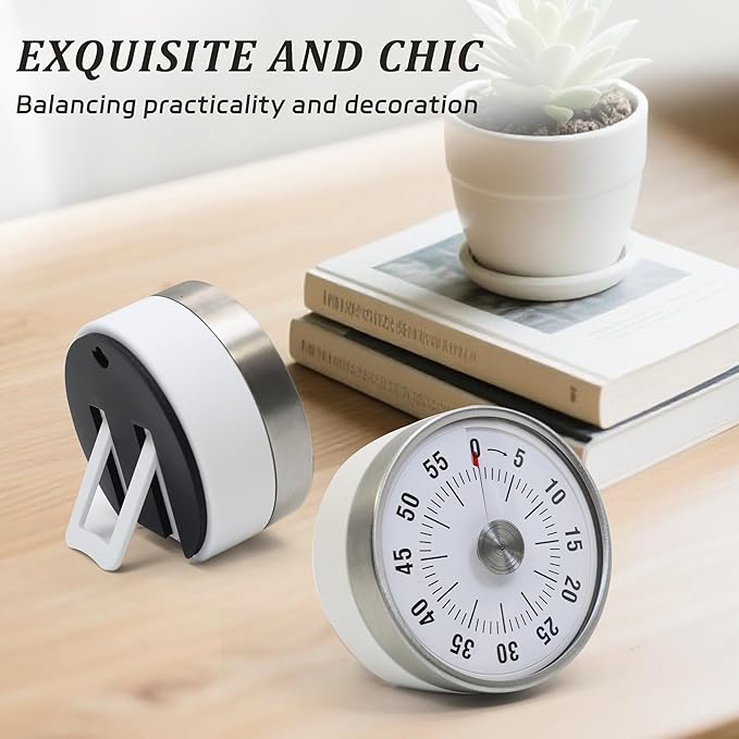 Kitchen Timer for Cooking,Chef Cooking Timer Clock,Visual Timers,60-Minute Countdown,Magnetic Base, Mechanical Clockwork,No Batteries Required,Ringer Alert,Timers for Kitchen/Study/Work/Gym,White
