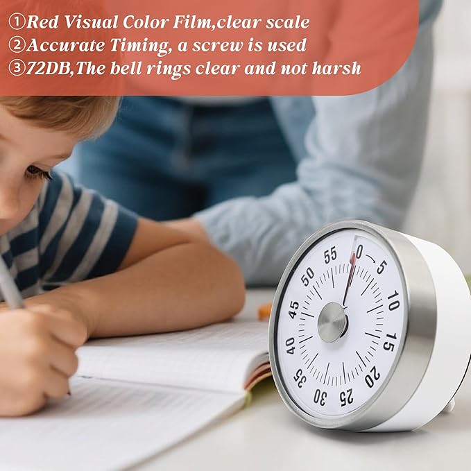 Kitchen Timer for Cooking,Chef Cooking Timer Clock,Visual Timers,60-Minute Countdown,Magnetic Base, Mechanical Clockwork,No Batteries Required,Ringer Alert,Timers for Kitchen/Study/Work/Gym,White
