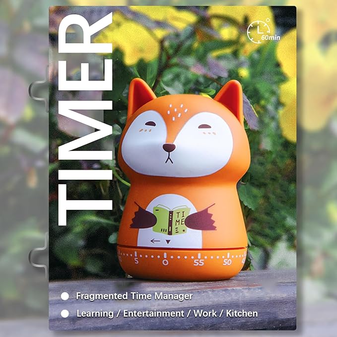 Cute Orange Fox Mechanical Kitchen Timer, 60-Minute Manual Wind Up Countdown Clock, Premium Matte Finish Visual Timer for Kids Study, Homeschooling, Classroom & Task Management (Fox Orange)