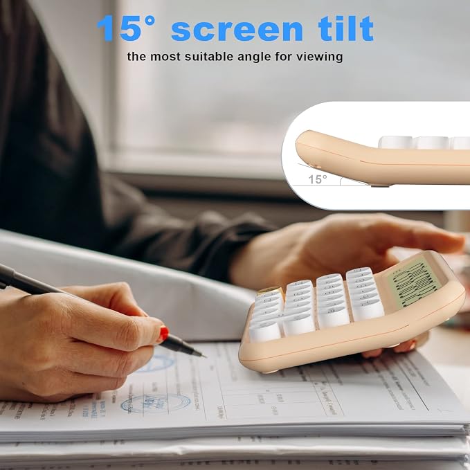 Mechanical Calculator 12 Digit Extra Large 5-Inch LCD Display, DECKLIT Battery Desk Calculator, Big Buttons Easy to Press Use as Office Calculators Desktop, 15°Tilt Screen for Kids Calculator(Cream)