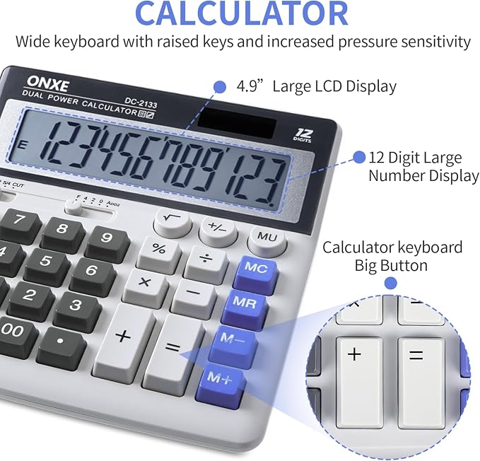 12 Digit Desk Calculator,Calculators Desktop with Extra Large 4.9" LCD Display & Big Buttons, Solar & Battery Dual Power, Standard Basic 4 Function Office Calculator for Financial, Home Daily Use