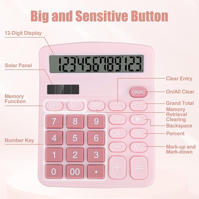 Desktop Calculator, Pink Calculator Big Buttons, 12-Digits Large LCD Display, Solar and AA Battery Dual Power, Desk Calculators for Office Home School Business Class (Pink) | Large LCD Display, Solar and AA Battery Dual Power, Desk Calculators for Offi...