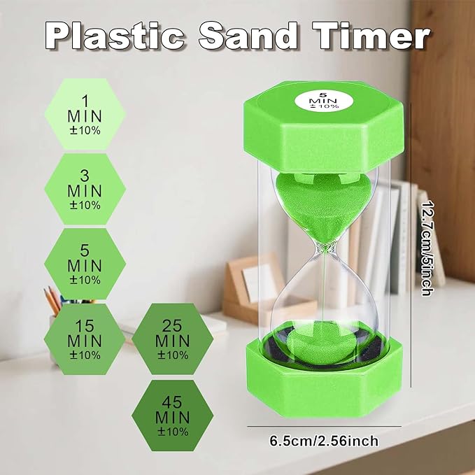 5 Minute Hourglass Sand Timer, Plastic Hexagon Hourglass Sand Clock 5 Min, Reloj De Arena 5 Minutos,Unbreakable Green Hour Glass Sandglass for Classroom Games Kitchen (Green)