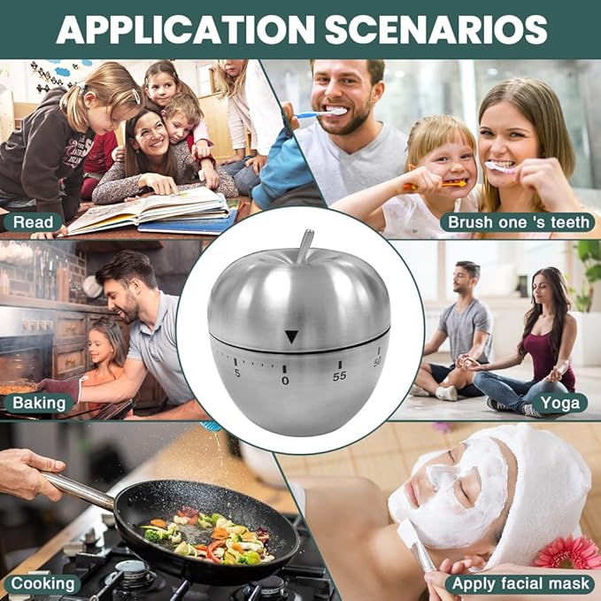Mechanical Kitchen Timer 60 Minutes, Apple-Shaped Wind Up Timer (No Batteries), Manual Analog Cooking Timer with Loud Ring for Baking, Eggs, and Meal Prep, Silver