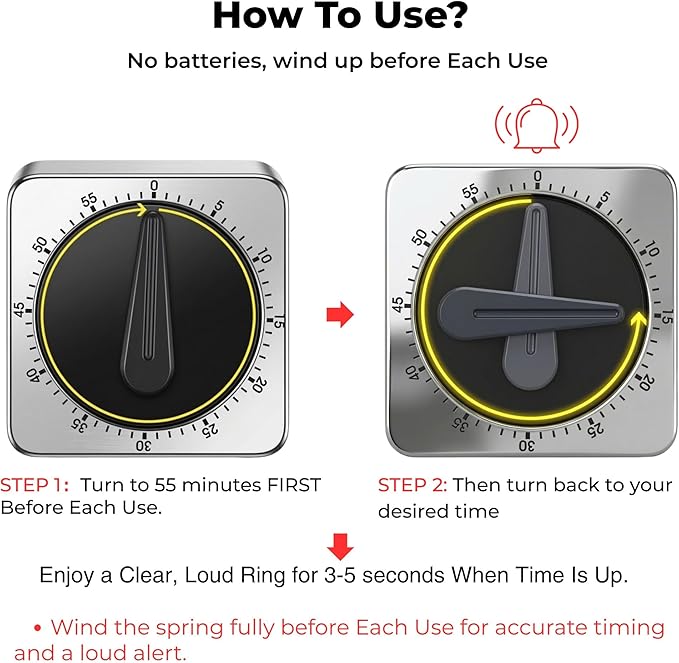 Searon Kitchen Timers for Cooking, Mechanical Wind Up Timer with Loud Ring, Magnetic Back, No Battery Needed, Stainless Steel Countdown Timer for Cooking and Baking