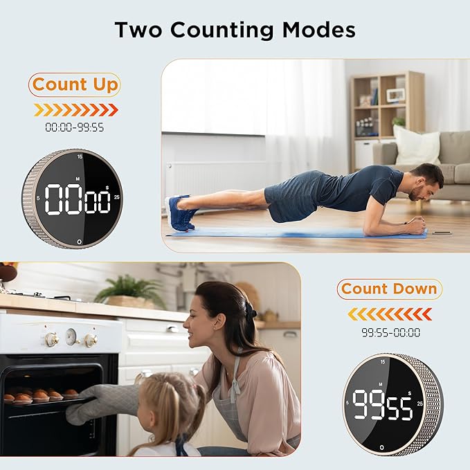 Upgrade Digital Kitchen Timer - Magnetic Countdown Countup Visual Pomodoro Timer with Large LED Display, 3-Preset Times (5, 15, 25), 3 Volume Levels, Ideal for Cooking, Baking and Fitness (2, Tarnish)