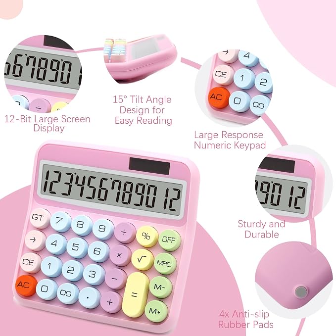 Pink Calculator, Solar Calculators Desktop, Big Button Calculator for Desk | Large Button Calculator with Large LCD Display, Powered by two Modes, Pink Desk Accessories for Offices, Schools and Homes
