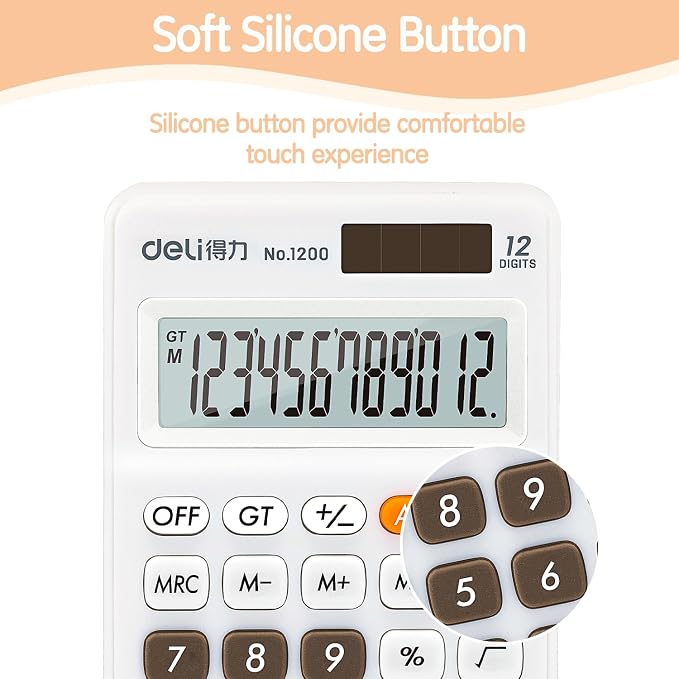Deli Standard Function Basic Calculator, 12 Digit Desktop Calculator with Large LCD Display, Solar Battery Dual Power Office Calculators, White