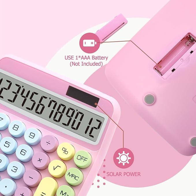 Pink Calculator, Solar Calculators Desktop, Big Button Calculator for Desk | Large Button Calculator with Large LCD Display, Powered by two Modes, Pink Desk Accessories for Offices, Schools and Homes