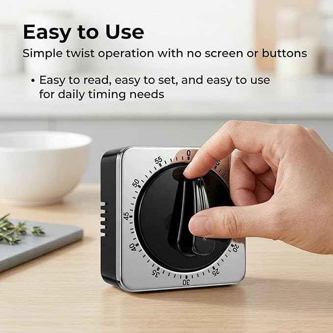 Searon Kitchen Timers for Cooking, Mechanical Wind Up Timer with Loud Ring, Magnetic Back, No Battery Needed, Stainless Steel Countdown Timer for Cooking and Baking