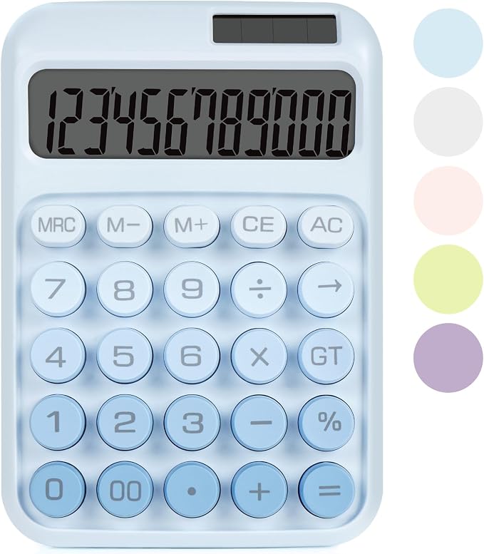 Mechanical Switch Calculator with Big Buttons, Calculators Desktop | 12 Digits, Solar Battery Power, Desk Calculator, Large LCD Display, Cute Blue Calculators for Teachers Students Basic Office
