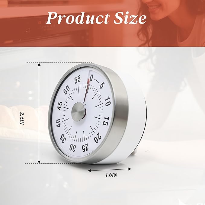 Kitchen Timer for Cooking,Chef Cooking Timer Clock,Visual Timers,60-Minute Countdown,Magnetic Base, Mechanical Clockwork,No Batteries Required,Ringer Alert,Timers for Kitchen/Study/Work/Gym,White