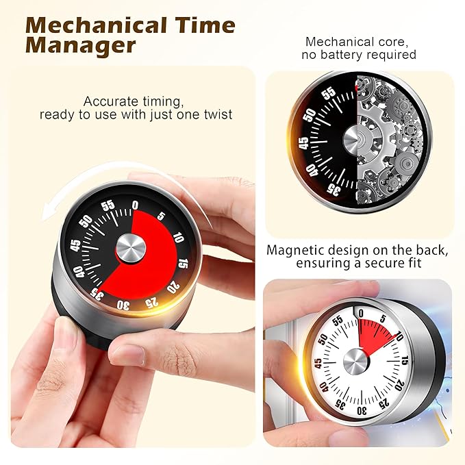 Premium Mechanical Kitchen Timer, No Battery Required, Magnetic Base, Twist Dial Control, Space Saving Design for Cooking Exercise, Silver and Black