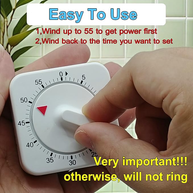 Square 60 Minute Mechanical Kitchen Timer - Visual Kitchen Cooking Timer Clock with Loud Alarm - No Batteries Required-Manual Countdown Timer for Classroom, Home, Study and Cooking (White)