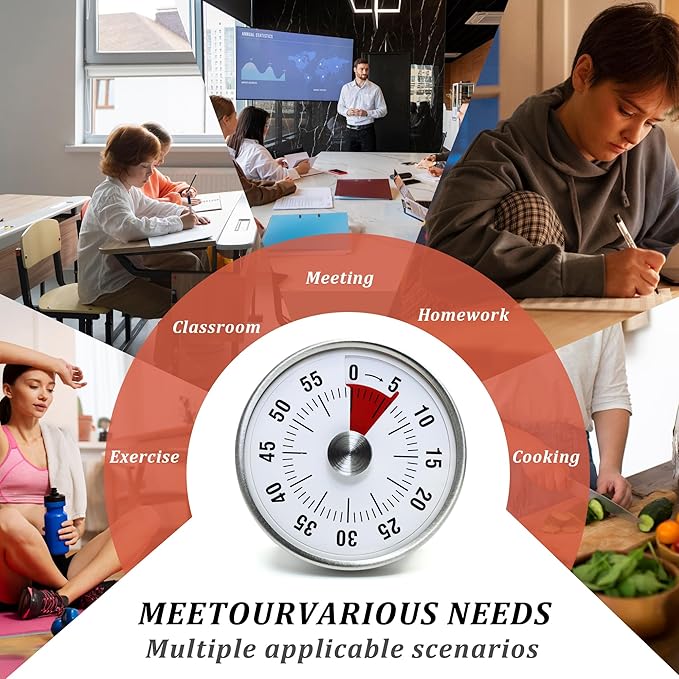 Kitchen Timer for Cooking,Chef Cooking Timer Clock,Visual Timers,60-Minute Countdown,Magnetic Base, Mechanical Clockwork,No Batteries Required,Ringer Alert,Timers for Kitchen/Study/Work/Gym,White