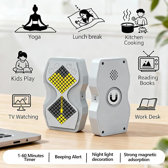 LED Visual Hourglass Timer, 1-60 Minute Countdown with Magnetic Mount, Buzzer Alert & Dimmable Night Light, Sand Timer for Kids Learning, Classroom, Cooking, Chess, Fitness & Baking（White）