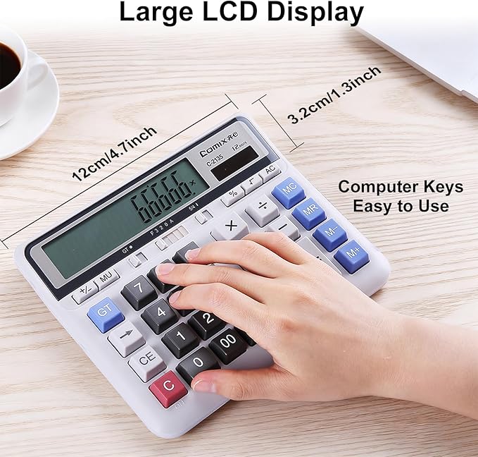 Comix Desktop Calculator, 12 Digits Large Button Desk Calculator, White | Solar Battery Dual Power, Large LCD Display, Computer Keys, 4 Function Basic Calculator for Office Business Home Use