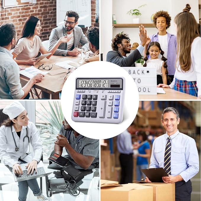 Comix Desktop Calculator, 12 Digits Large Button Desk Calculator, White | Solar Battery Dual Power, Large LCD Display, Computer Keys, 4 Function Basic Calculator for Office Business Home Use