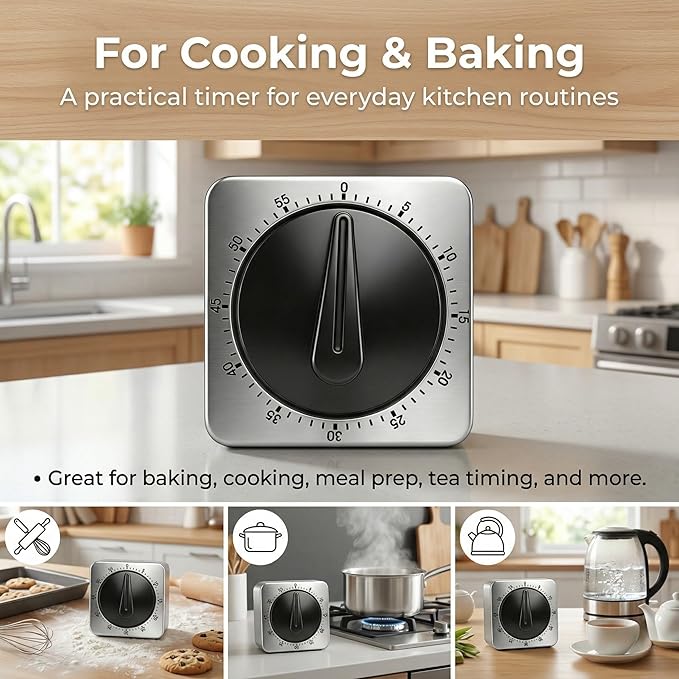 Searon Kitchen Timers for Cooking, Mechanical Wind Up Timer with Loud Ring, Magnetic Back, No Battery Needed, Stainless Steel Countdown Timer for Cooking and Baking