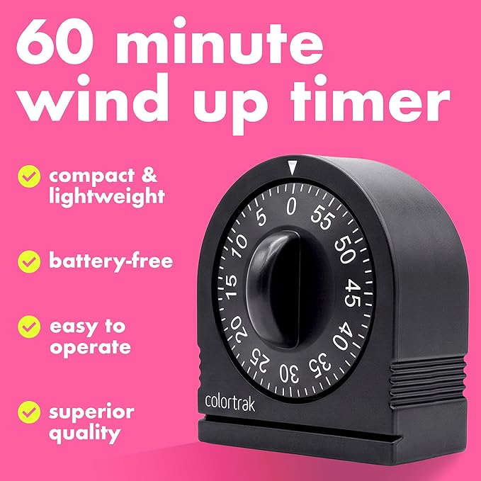 60 Minute Wind Up Timer, Visual Mechanical Timer, from 0 to 60 Minutes, for Kitchen, Hair Color Processing, Tanning Time, Kids' Home and Classroom Activities or Timeouts, Black